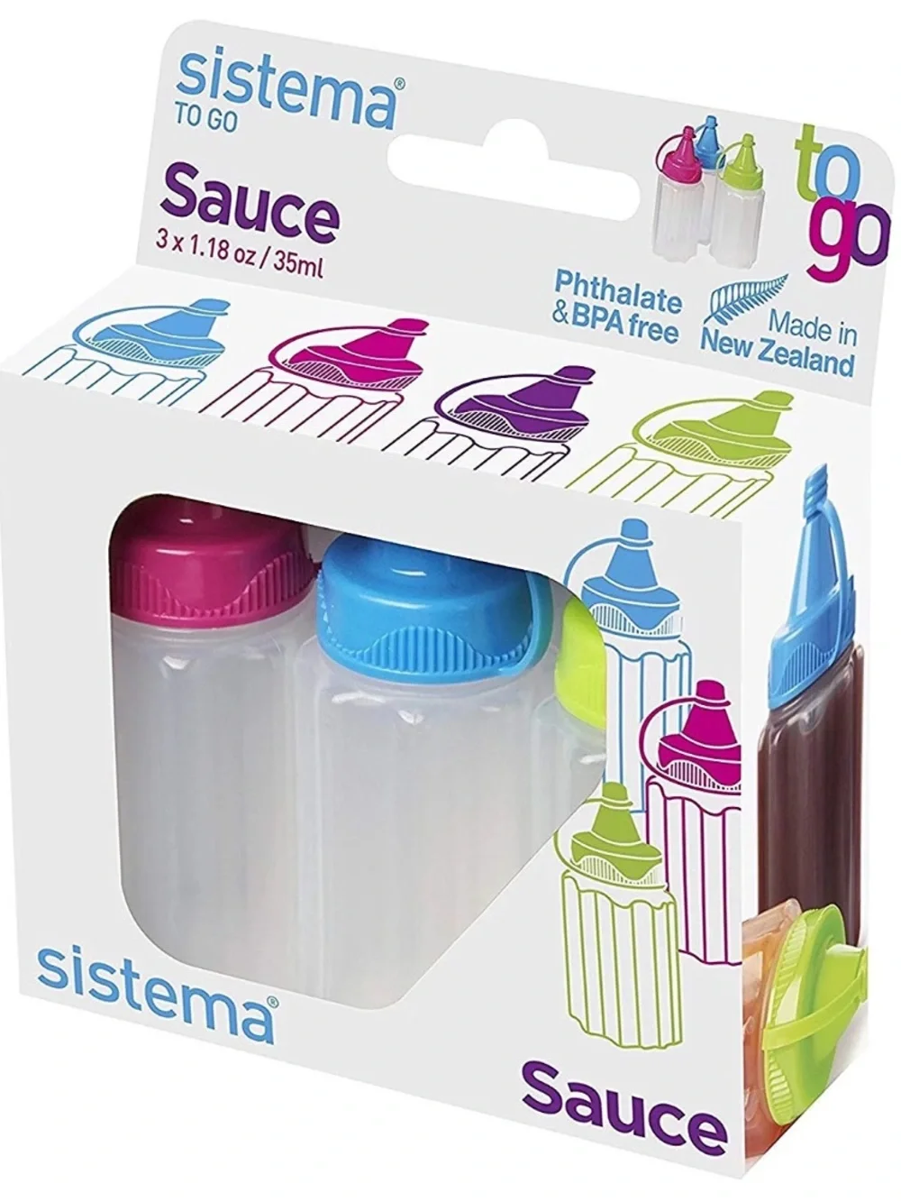 stem To Go Sauce Dispenser Set - Blue, Pink, Green Caps